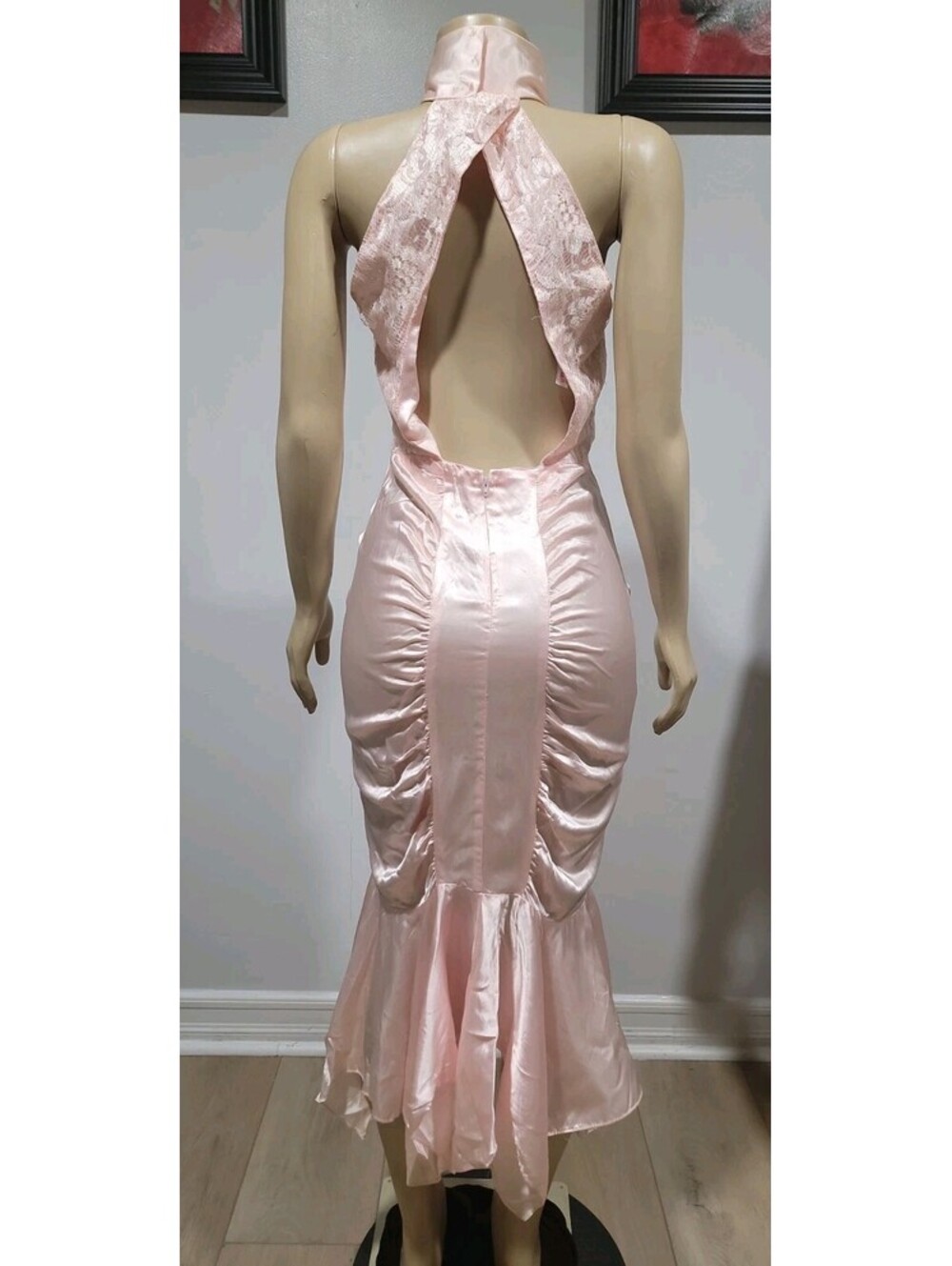 DIAMOND'S RUNS Vtg Ruched Ruffle Satin/lace 9-10 Dress Victorian Pink #04 - Picture 4 of 15